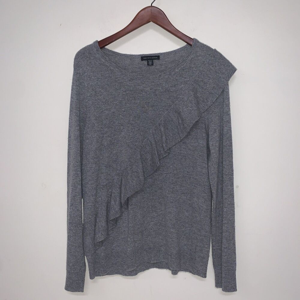 Saks Fifth Avenue Women Large Wool/Cashmere Sweater Preppy Office Classic Ruffle